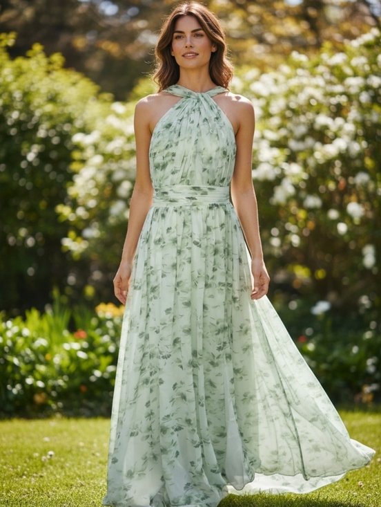 Dresses & Skirts - Women’s Halter Maxi Dress in Mint Green Floral